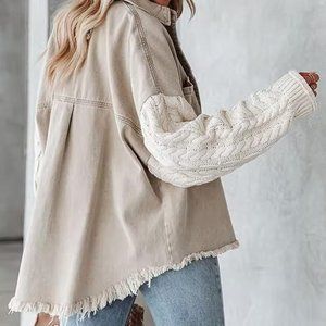 Sweater with Denim Sleeves Shacket Oversized Button Down Jacket